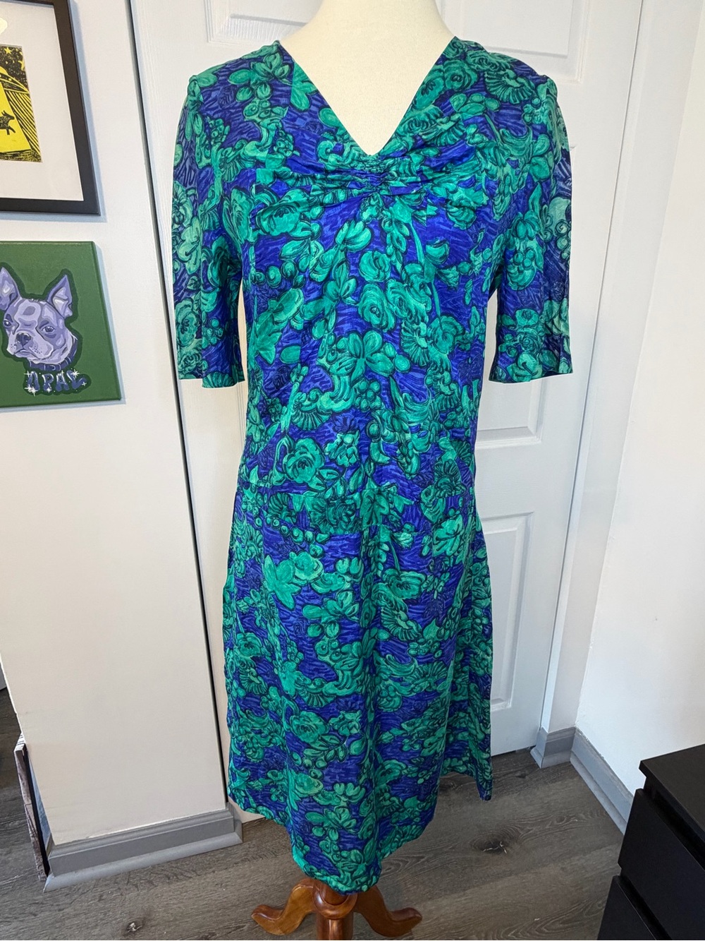 1960s 70s Handmade Silk Baroque Leaf Print Drop Waist Midi Dress